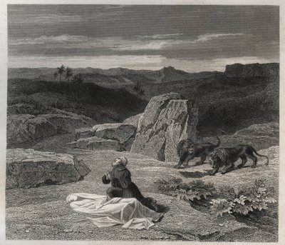 Sint Antonius Abt (Sint Antonius de Grote) (250/251-356) (of Sint Antonius de Kluizenaar) begroef Sint Paulus van Thebe in de woestijn. Gravure uit 1846 in 