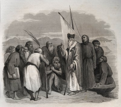 Saint Athanasius van Alexandrië (Athanasius de Grote) (295-373) bezoekt de kluizenaars van Egypte. Gravure uit 1846 in “Lives of the saints”. Privécollectie. door Anonymous Anonymous