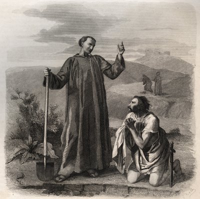 Sint Benedictus van Nursia verwelkomt Totila (6e eeuw) koning van de Ostrogoten. Gravure uit 1846 in 