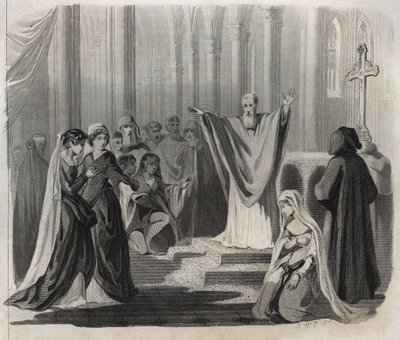 Saint Dunstan (ca. 909-988), bisschop van Canterbury, benedictijn en hervormer van het kloosterleven in Engeland, kondigt zijn naderende dood aan het volk aan. Gravure uit 1846 in “Lives of the saints”. Privécollectie. door Anonymous Anonymous