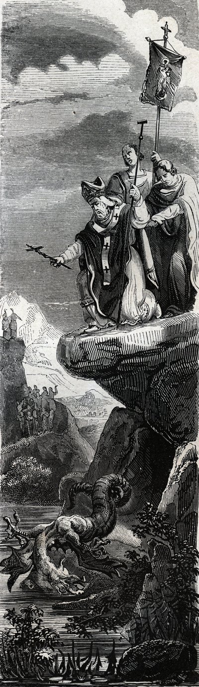 Saint Front (eerste evangelisator van de Perigord) (3e eeuw) stort de draak in de Dordogne - Gravure van 1846 in 