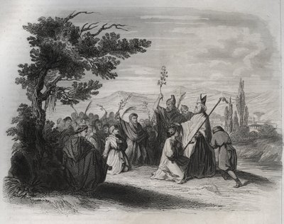 Saint Hilaire de Poitiers (310-368) keert terug uit ballingschap. Gravure uit 1846 in 