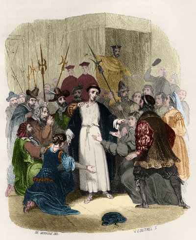 Sint Jan van Avila (1499-1569) beschuldigd van ketterij door de inquisitie in de 16e eeuw. Illustratie in 