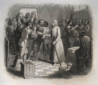 Sint Nicolaas van Flue of Broeder Klaus (1417-1487), een Zwitserse kluizenaar die de Zwitserse confederaties verzoende die op het punt stonden een burgeroorlog te beginnen. Gravure uit 1846 in Lives of the Saints. Privécollectie door Anonymous Anonymous