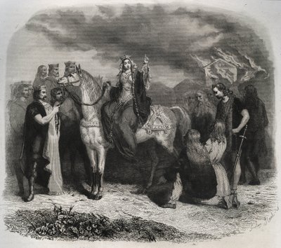 Sint Radegonde (Radegonde de Poitiers, 519-587) verbrandde een heidense tempel en bekeerde de Galliërs tot het christendom. Gravure uit 1846 in Lives of the Saints. Privécollectie door Anonymous Anonymous