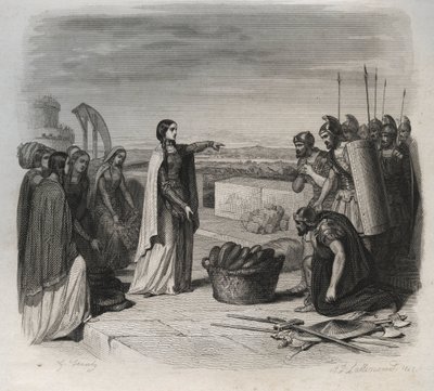 Sint Genoveva verdeelde voedsel aan de mensen tijdens het beleg van Parijs door het leger van de Hunnen van Attila in 451 (barbaarse invasies). Gravure uit 1846 in 
