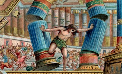 Simson brengt de Tempel van Dagon ten val - Chromolithografie - Privécollectie door Anonymous Anonymous