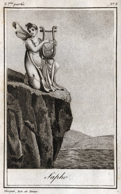 Sapho (of Sappho, 7e eeuw v.Chr.), Griekse dichteres uit de oudheid. Gravure uit 1819 in 