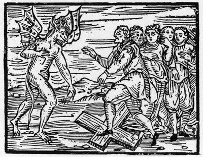 Satan dwingt zijn toekomstige discipelen om op het kruis te lopen - "Compendium Maleficarum", behandelt heksen, hun kwaad en hun toverkunsten door Francesco Maria Guazzo of Guaccio of Guaccius (15?? -16??) 1608 Privécollectie. door Anonymous Anonymous