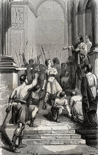 Saturnin van Toulouse (Saint Sernin, eerste christelijke bisschop van Toulouse) (3e eeuw) gearresteerd op het Capitool van Toulouse - Gravure van 1846 in 