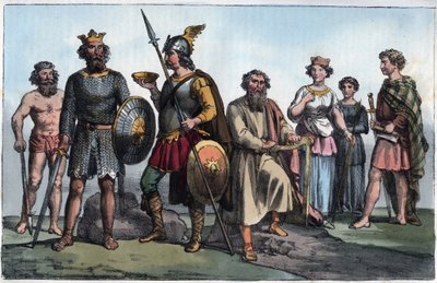 Saksische krijger en Angelsaksen - Saksische krijger en de Angelsaksen - gravure uit 