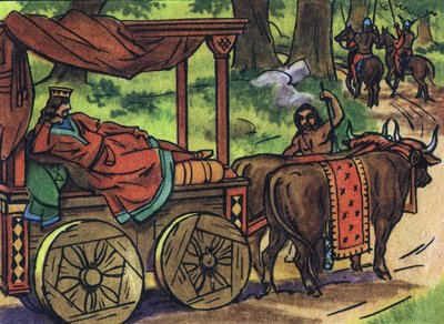 Scène die de luie koningen uitbeeldt: koning van Frankrijk Thierry III (673-691) rijdt in een tank met een bed getrokken door ossen. Anonieme illustratie in “Collection des souverains et chefs d