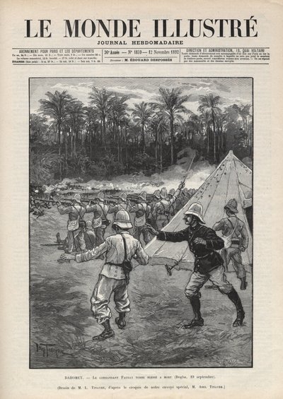 Tweede Dahomey-oorlog (1892-1894): dood van de Franse commandant Faurax tijdens de Slag bij Dogba op 19 september 1892 in Dahomey (nu Benin). Een krant. Gravure in “Le monde illustrée” van 1892. Privécollectie. door Anonymous Anonymous
