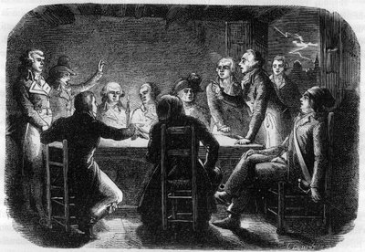 Geheim overleg in Charenton - Samenzwering van Charenton mei 1793 - De Girondijnen beschuldigden Georges Jacques Danton van samenzwering met de Parijse Commune (aanwezig tijdens de bijeenkomst Georges Danton, Maximilien van Robespierre, Claude Basire, Fran door Anonymous Anonymous