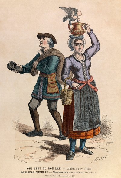 Verkopers van melk en tweedehands kleding 15e eeuw - privécollectie door Anonymous Anonymous