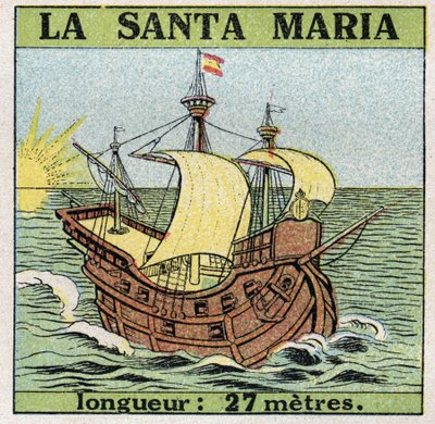 Schepen en schepen: Santa Maria, karveel van Christoffel Columbus (1451-1506) toen hij Amerika ontdekte in 1492. Anonieme illustratie uit 1925. Privécollectie. door Anonymous Anonymous