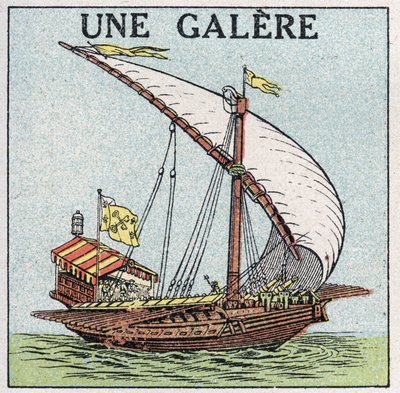 Schepen en schepen: een galei. Anonieme illustratie uit 1925. Privécollectie. door Anonymous Anonymous