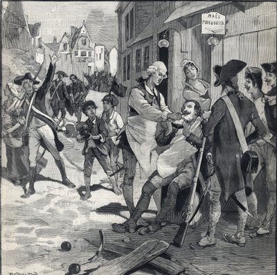 Belegering van Lille in 1792: Maes gebruikt een bomschilfer als baardschotel om een klant te scheren. Gravure in Le petit parisien op 16/10/1892 door Anonymous Anonymous