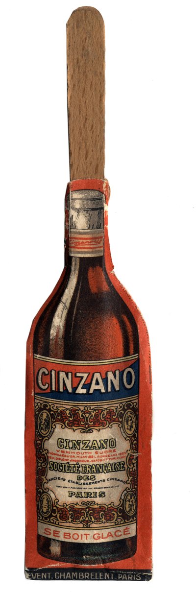 Kleine reclamewaaier, object afgeleid van promotie van Vermouth merk Cinzano, Italiaanse aperitiefwijn. Begin 20e eeuw Privécollectie door Anonymous Anonymous