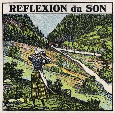 Geluidsenergie: reflectie van geluid door echo fenomeen. Anonieme illustratie uit 1925. Privécollectie. door Anonymous Anonymous