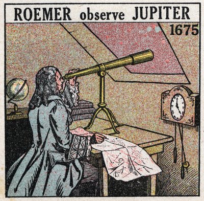 Snelheid van licht: Deense astronoom Ole Christensen Romer (Olaus Roemer) (1644-1710) observeert de verduisteringen van de satellieten van Jupiter in 1675-1676 en gebruikt deze om de snelheid van licht te meten. Anonieme illustratie uit 1925. Privécollecti door Anonymous Anonymous