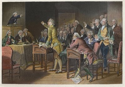 Stamp Act - Amerikaanse revolutionaire leider Patrick Henry spreekt zich uit tegen de Stamp Act in het Virginia House of Burgesses in 1765 door Anonymous Anonymous