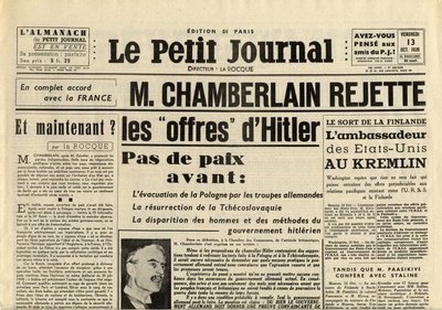 Het Smittle Journal vrijdag 13 oktober 1939 Neville CHAMBERLAIN (1869-1940) wijst de aanbiedingen van Adolf Hitler af door Anonymous Anonymous