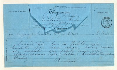 Telegram van Rimbaud aan zijn moeder, Marseille, 22 mei door Anonymous Anonymous