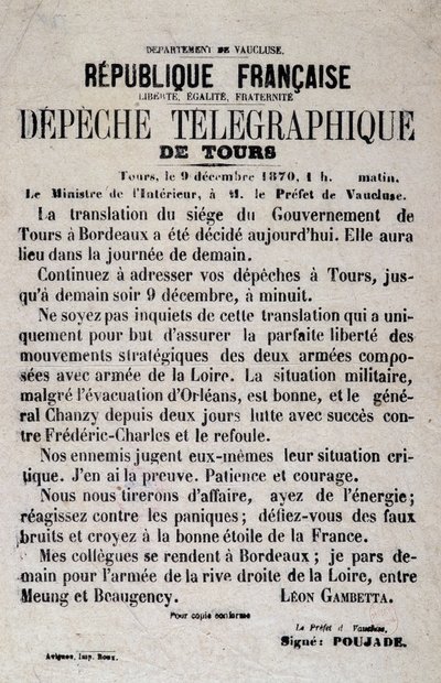 Telegrafisch nieuws van Tours van 9/12/1870 door Léon Gambetta door Anonymous Anonymous
