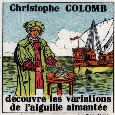 Aardmagnetisme: Christoffel Columbus (1451-1506) ontdekt de variaties van de magnetische naald van een kompas tijdens zijn reis naar Amerika in 1492. Anonieme illustratie uit 1925. Privécollectie. door Anonymous Anonymous