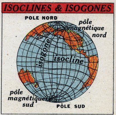 Aardmagnetisme: Magnetische kaart met isoklienen en isogonen. Anonieme illustratie uit 1925. Privécollectie. door Anonymous Anonymous