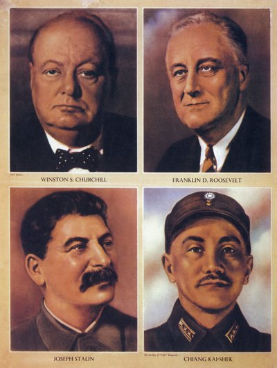De Geallieerde leiders van de Tweede Wereldoorlog - Winston Churchill, Franklin Delano Roosevelt, Joseph Stalin en Chiang Kai Shek - 1943 door Anonymous Anonymous