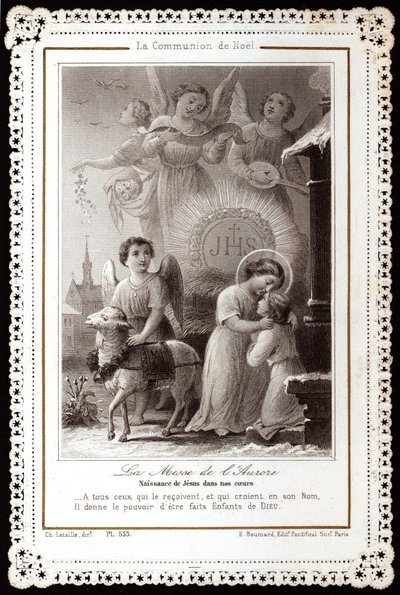 De Kerstcommunie. De Mis van de Dageraad. Geboorte van Jezus in onze harten Vrome afbeelding. Getande ansichtkaart. Privécollectie door Anonymous Anonymous