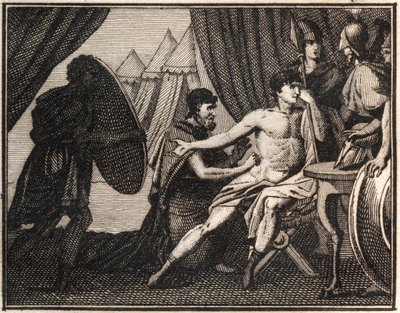 De dood van Epaminondas (na de slag tegen de Spartanen bij Mantineia 362 v.Chr.). Gravure uit 