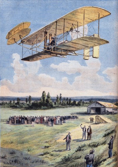 De vliegende mannen: de ervaringen van Wilbur Wright (1867-1912) boven het Hunaudieres-renbaan, nabij de stad Le Mans. Gravure uit de krant 