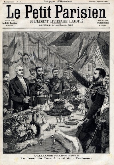 De Frans-Russische alliantie: de toost van tsaar Nicolaas II ter ere van de Franse president Felix Faure aan boord van de Pothau. In 
