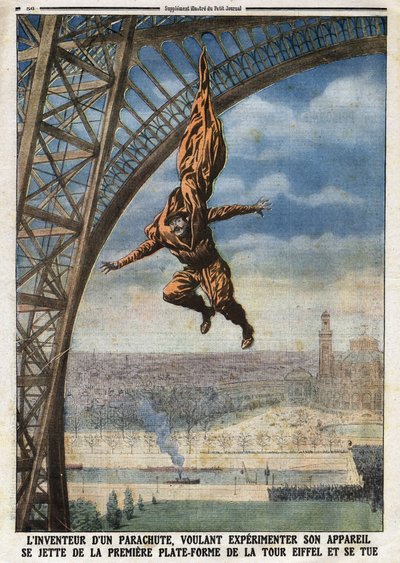 De Franse kleermaker van Oostenrijkse afkomst Franz (of François) Reichelt (1879-1912) uitvinder van een parachute die zijn toestel wil testen, springt van het eerste platform van de Eiffeltoren en komt om. Gravure in "Le Petit Journal" door Anonymous Anonymous