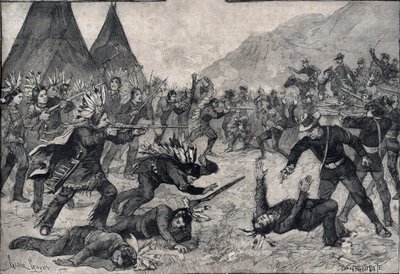 De opstand van de Indianen in de Verenigde Staten: een gevecht tussen Sioux-indianen en Amerikaanse troepen. Gravure in 