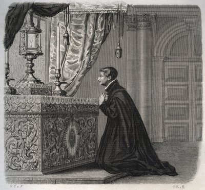De Italiaanse jezuïet Louis de Gonzague (San Luigi Gonzaga) (1568-1591) in gebed. Gravure uit 1846 in 