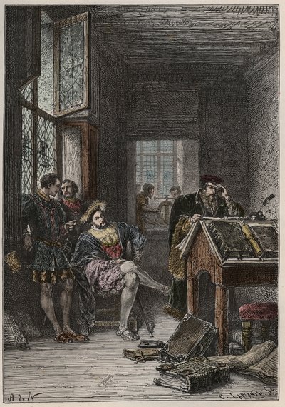 De koning van Frankrijk François I (1494-1547), beschermer van kunsten en letters, bezoekt de werkplaatsen van de drukkers Estienne, circa 1540 door Anonymous Anonymous