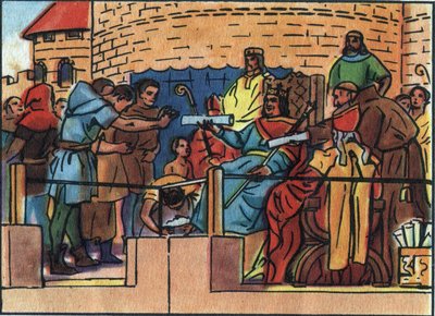 De koning van Frankrijk Lodewijk VI de Grote (1081-1137) verleent het Handvest aan de stad Parijs. Anonieme illustratie in “Collection des souverains et chefs d
