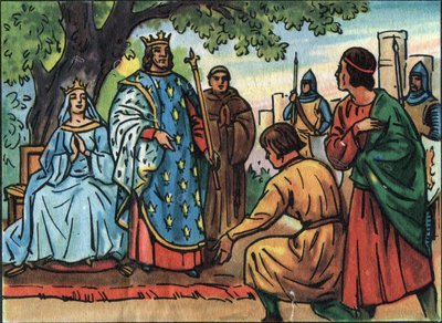 De koning van Frankrijk Saint Louis (Lodewijk IX 1214-1270) doet recht onder de eik van het Bois de Vincennes. Anonieme illustratie in “Collection des souverains et chefs d
