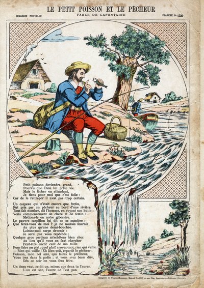 De kleine vis en de visser. Anonieme illustratie voor Les Fables door Jean de La Fontaine (1621-1695). Beeldvorming van Pont-a-Mousson, circa 1880. Privécollectie. door Anonymous Anonymous