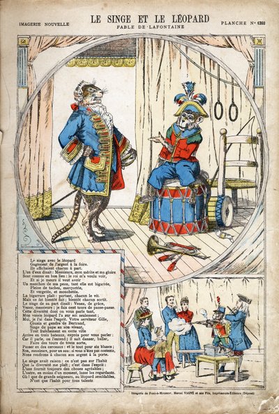 De aap en de luipaard. Anonieme illustratie voor Les Fables door Jean de La Fontaine (1621-1695). Pont-a-Mousson, circa 1880. Privécollectie. door Anonymous Anonymous