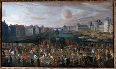 De Pont Neuf gezien vanaf de ingang van Place Dauphine, de Quai Malaquais met het College van Vier Naties (Institut de France) in aanbouw door Anonymous Anonymous