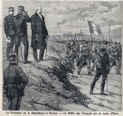 De president van de Republiek Felix Faure bezoekt Verdun: de optocht van de militaire school van de weg van Etin. Gravure in 