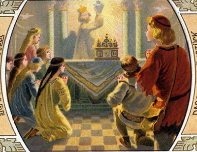 De zoektocht naar de Heilige Graal, een heilig vat dat bloed zou hebben opgevangen uit de wonden van Jezus Christus tijdens de kruisiging. Chromolithografie uit de late 19e eeuw. door Anonymous Anonymous