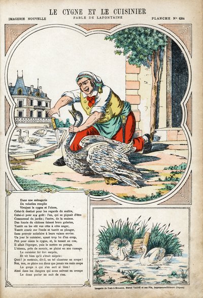 De zwaan en de kok. Anonieme illustratie voor Les Fables door Jean de La Fontaine (1621-1695). Beeldvorming van Pont-a-Mousson, circa 1880. Privécollectie. door Anonymous Anonymous