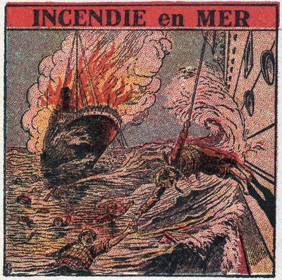 De T.S.F.: brand op zee. De T.S.F. wordt door schepen gebruikt om hulp te roepen tijdens een schipbreuk. Anonieme illustratie uit 1925. Privécollectie. door Anonymous Anonymous