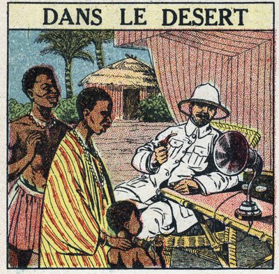 De T.S.F. gebruikt in de woestijn in Afrika. Anonieme illustratie uit 1925. Privécollectie. door Anonymous Anonymous